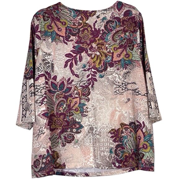 Catherines Floral Paisley Tunic Top Size 1XWP Petite 1X Beige Purple Embellished - Picture 2 of 10